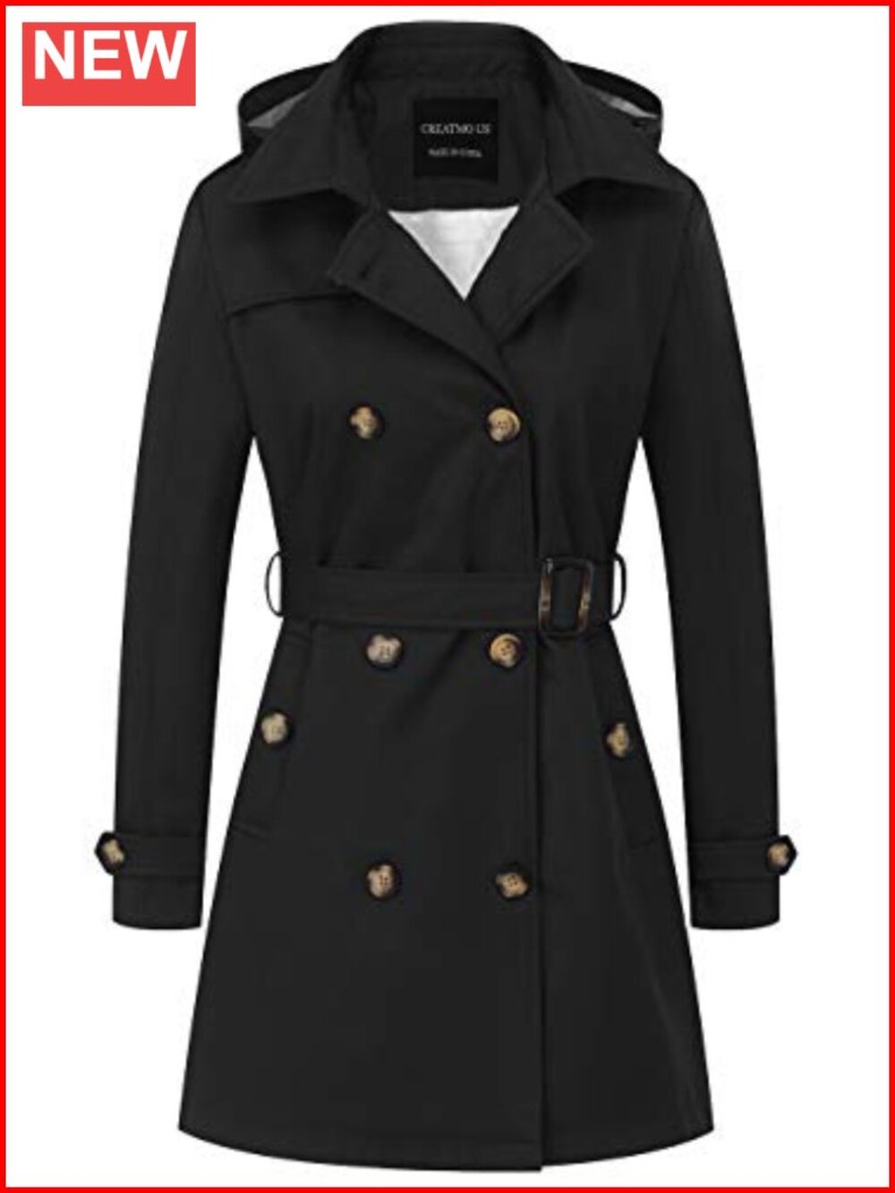 Women's Double-Breasted Trench Coat Belted Detachable Hood